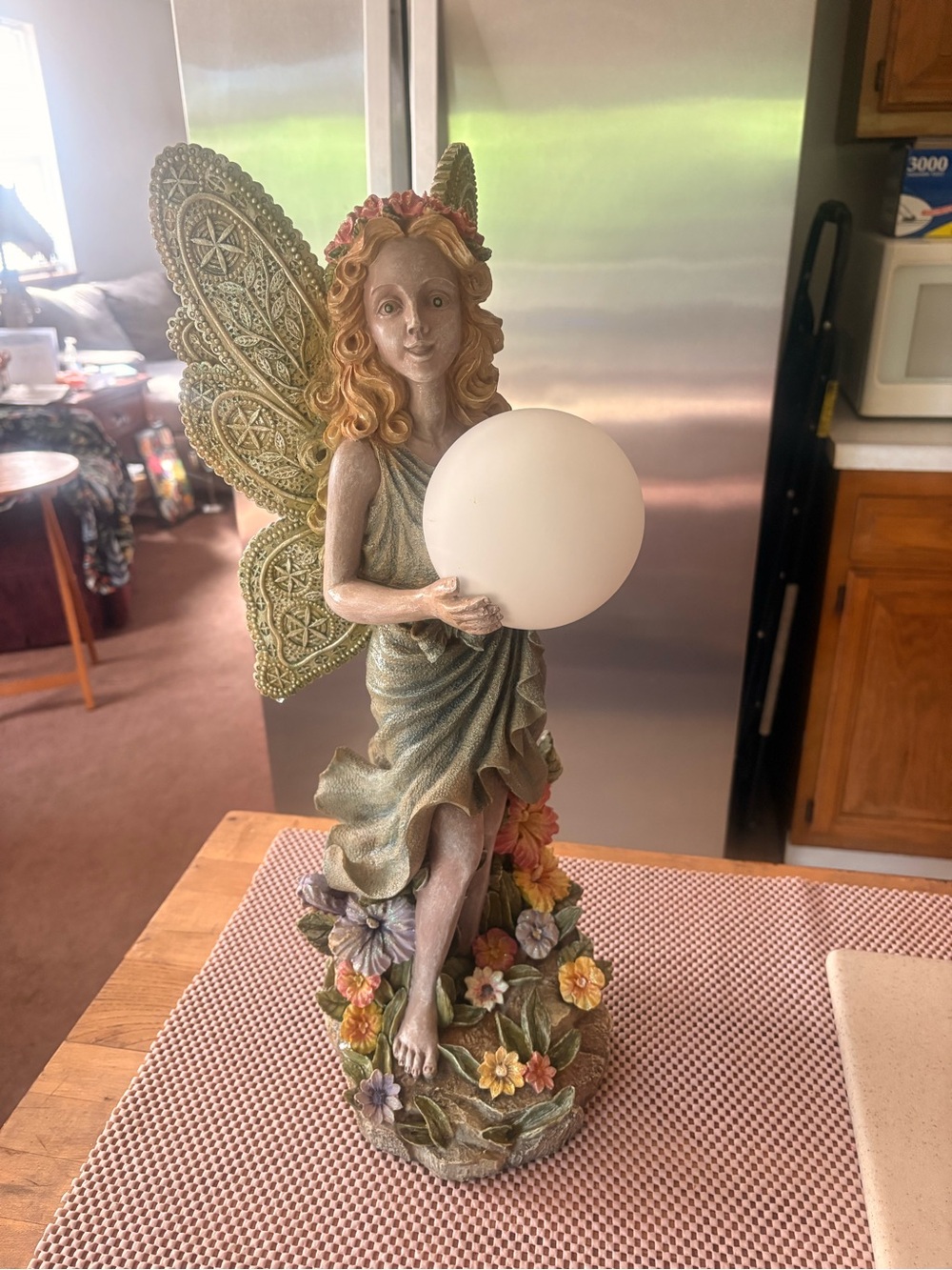 Fairy Table Lamp Statue with Globe and Floral Base - Green and Pastel